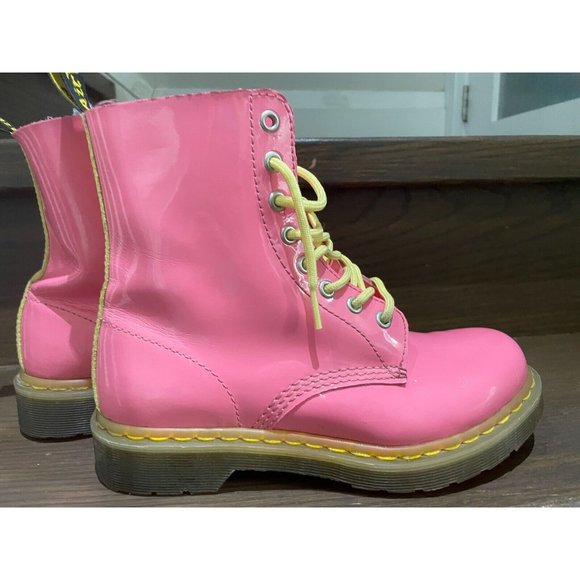 Rare Dr. Martens 1460 W bubble gum pink yellow Patent Lamper Boots Size 7L - Picture 8 of 16